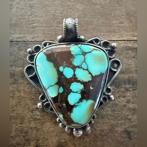 Vintage Native Navajo Turquoise Sterling Silver Pendant Made in Santa Fe DEU